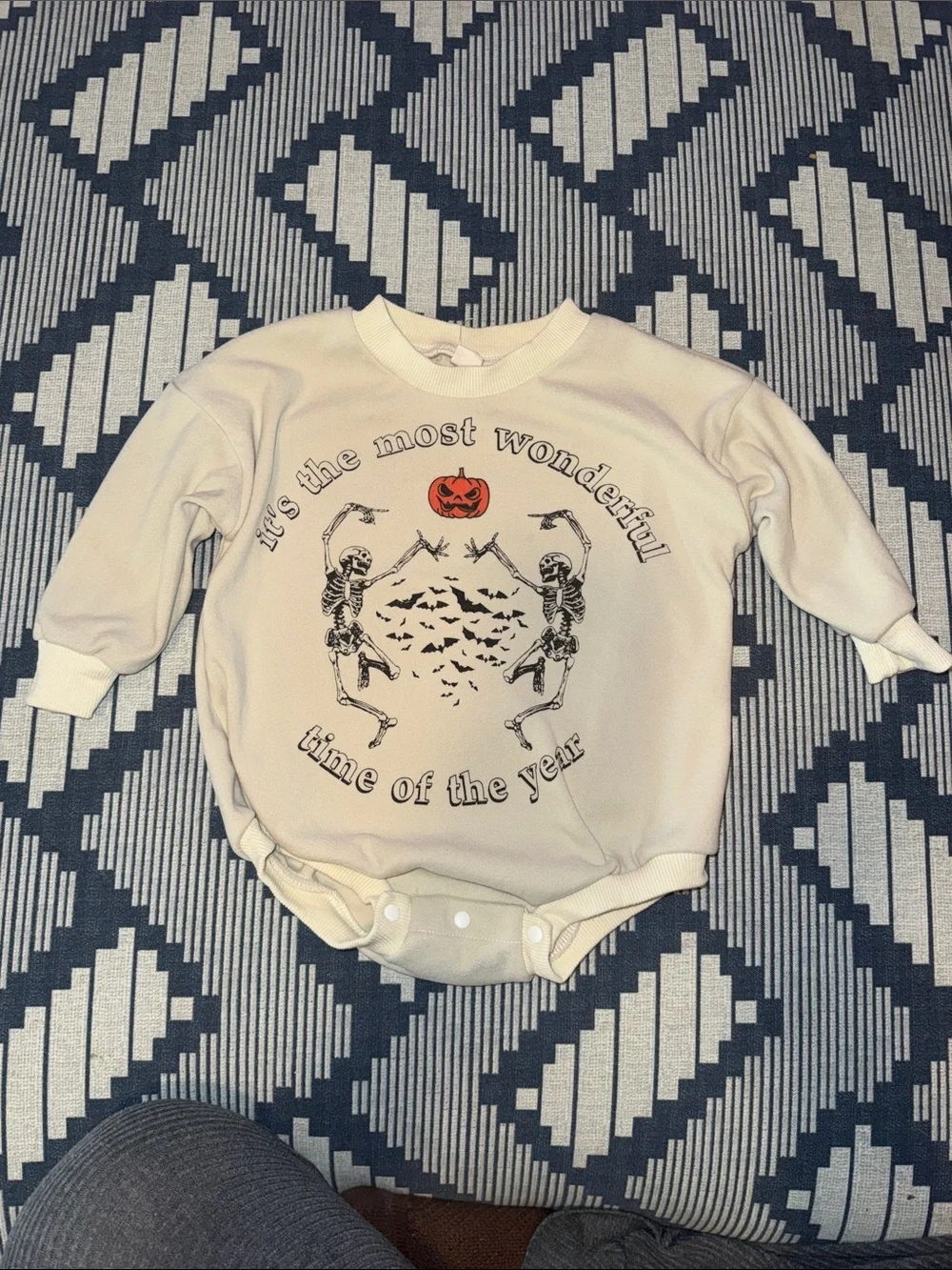 Cream Felt Halloween Skeleton One-Piece Bodysuit with Pumpkin Graphic